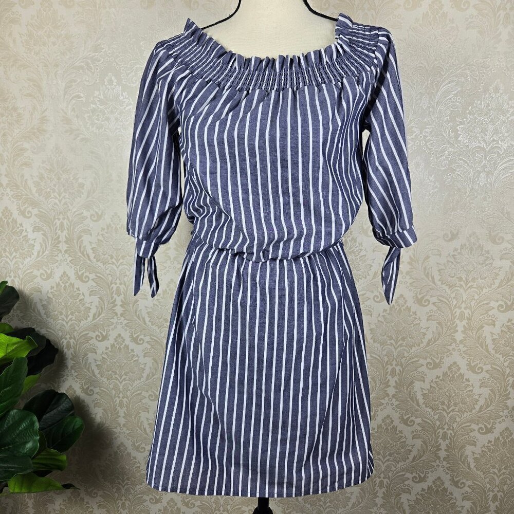 Jody Kristopher Sz XS Blue White Stripe Mini Dress On/Off Shoulder Elastic Waist